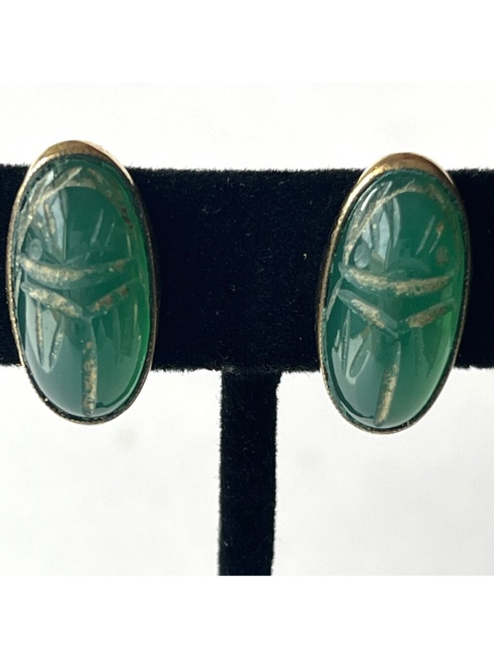 Vintage Scarab Beetle Screw Back Earrings 12K Gold Filled Green Egyptian Revival
